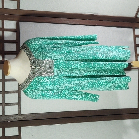 Soft Surroundings Green and White Scale Print Beaded Tunic Top Sz XL - Picture 1 of 12